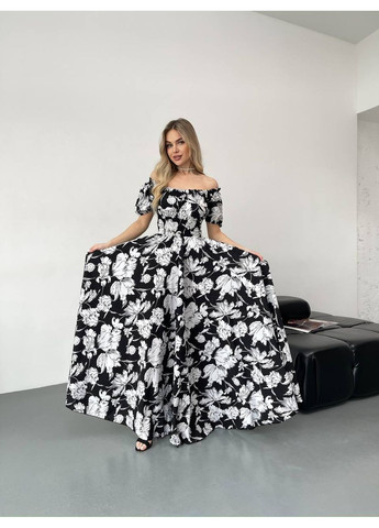 Чорно-білий святковий, повсякденний, вечірня, пляжна, кежуал жіноча довга сукня з відкритими плечима Vakko з квітковим принтом
