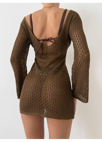 Женская вязаная туника мини шоколадного цвета с длинным рукавом / Женское облегающее топ-платье туника коричневое No Brand (369369771)