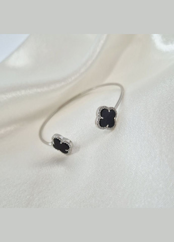 Серебряный жесткий браслет Клевер с Черным ониксом 16 - 18 см Серебро 925 пробы Родированное 5513р 4.95г Nobrand (363969186)