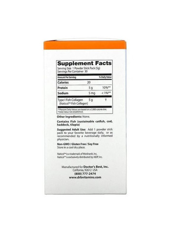 Риб'ячий колаген "Fish Collagen With Naticol", 5 г, 30 стіків Doctor's Best (361114380)