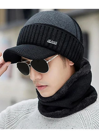 Зимовий чоловічий комплект Шапка (кепка) зі снудом One Size з хутряною підкладкою, комплект утеплений на зиму для чоловіків No Brand (368707089)