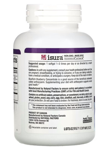 Концентрат лохини, 500мг, 90 капс., BlueRich, Super Strength, антиоксидантна підтримка,. Natural Factors (350314550)