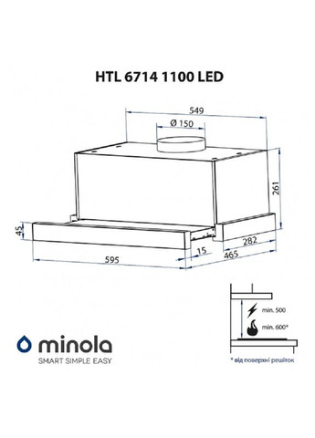 Витяжка HTL 6714 WH 1100 LED MINOLA (339081948)
