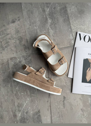 Бежевые босоножки натуральные на платформе 4 см No Brand на липучке