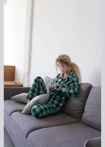 Зеленая всесезон фланелевая пижама в клетку рубашка + брюки No Brand