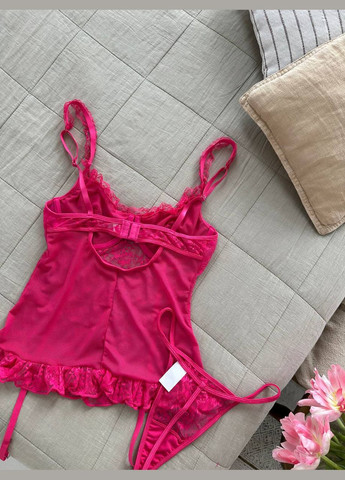 Розовый демисезонный роскошный полупрозрачный кружевной комплект No Brand