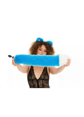 Анальний хутряний хвіст без пробки, Яскраво-блакитний з білим кінчиком, 60 см. OKOVA (315149058)