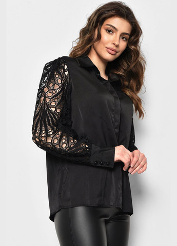 Черная демисезонная блуза женская однотонная черного цвета с баской Let's Shop