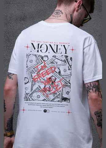 Белая мужская оверсайз футболка с принтом money grafity с длинным рукавом Without
