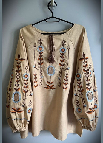 Бежевая женская льняная вышиванка этно рубашка украинская с вышивкой узор цветочный приталенная, свободная, прямой лен (333616097)