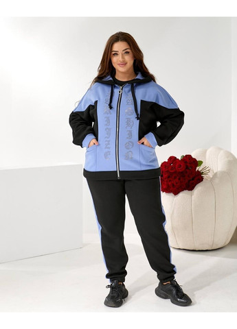 Жіночий батал спортивний костюм теплий на флісі чорний-блакитний блискучі стрази великий розмір Bonita Спортивний костюм (368540570)