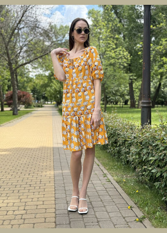 Жовтий жовта яскрава сукня з віскозного шифону з квітковим принтом 5774 Cat Orange