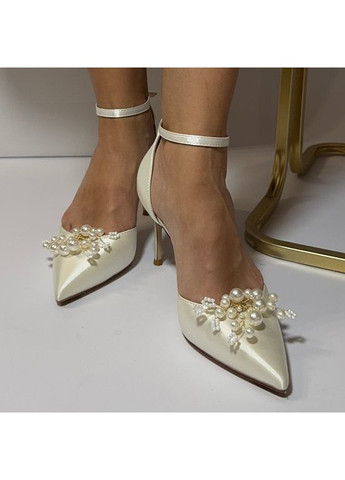 No Brand Жіночі туфлі весільні атласні та ремінцем перли та брошкою 5,5 см білий з текстиль, — (351394617)