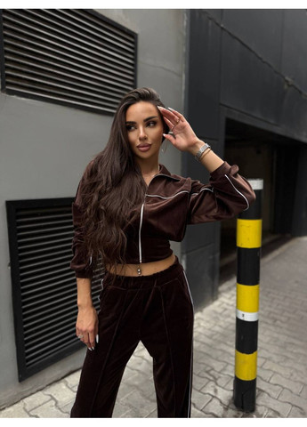 Жіночий велюровий костюм двійка: укорочена кофта на блискавці та брюки з високою посадкою MonCher (361146214)