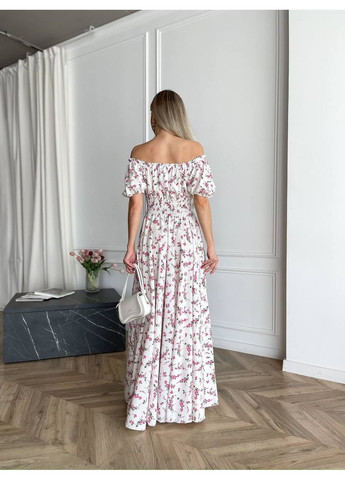 Білий святковий, повсякденний, вечірня, пляжна, кежуал жіноча довга сукня з відкритими плечима Vakko з квітковим принтом