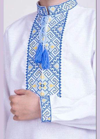 Біла вишиванка для хлопчика жовто-синя із замочком Козачок візерунок орнамент (301091144)