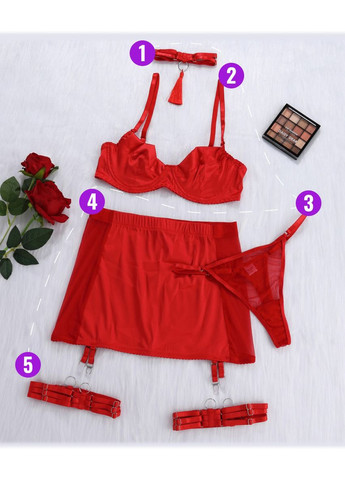Червоний еротичний комплект білизни з міні-спідницею та гартерами з відкритим доступом No Brand