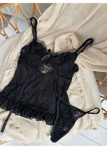 Чорний балконет комплект жіночої білизни | ніжний з сіточкою, чорний Vital-Textile з кісточками поліестер, еластан