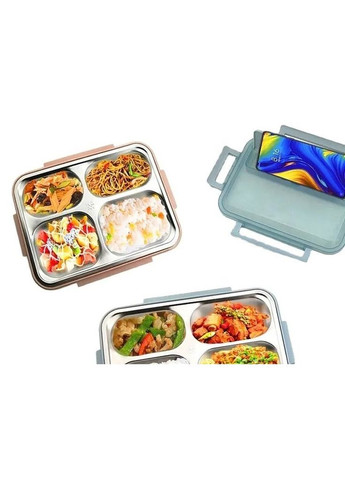 Ланч-бокс із підігрівом їжі за допомогою гарячої води сталева чаша на 4 відсіки 1500мл з підставкою для телефону MA-2000 Blue No Brand (350349130)