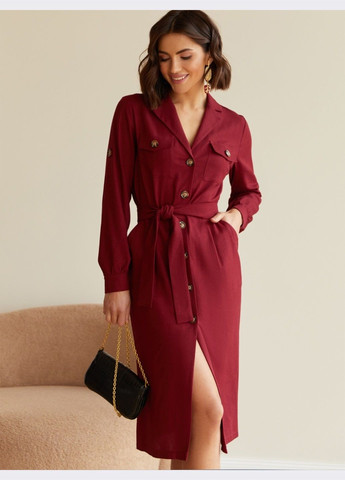 Бордовое льняное платье-рубашка бордового цвета со шлевками на рукавах Dressa