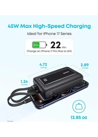 Портативний повербанк 20000 mAh 45W з 2 вбудованими кабелями USB-C, швидка зарядка PD та LED дисплей Power Bank для ноутбука Anker (389095894)