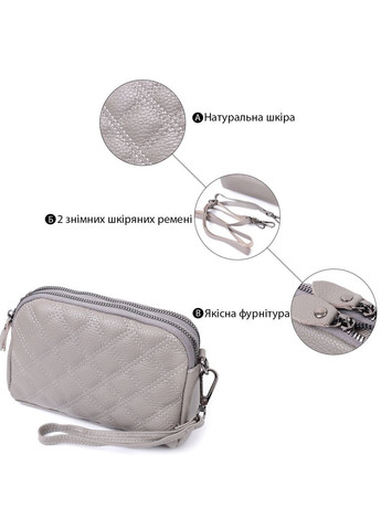 Зручна сумка жіноча прошита ромбами на лицьовій стороні з натуральної шкіри сірий 19,5х12,5х7 см 22810 Vintage (329197968)