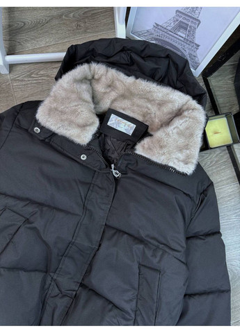 Черная демисезонная женская теплая куртка с капюшоном и воротником из эко-меха Україна