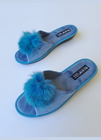 Зеленые тапочки женские с пушком открытые Белста с помпонами