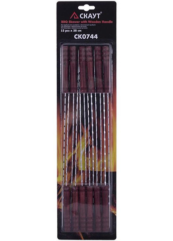 Набор шампуров 12 штук 38 см с деревянной ручкой для шашлыка мангала гриля из нержавеющей стали Kamille (368980836)