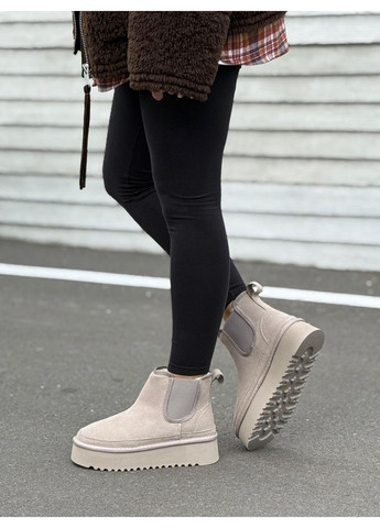 Зимние угги женские из натуральной замши ботинки на платформе тёплые челси серые на меху зимние No Brand
