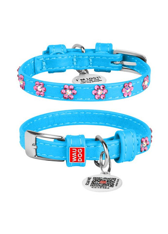 Нашийник для собак шкіряний Glamour з QR паспортом, з клейовими стразами "Квіти", Ш 9 мм, Дов 18-21 см блакитний WAUDOG (322002428)