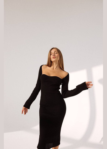 Чорна святковий, повсякденний, кежуал, вечірня міді сукня в рубчик з квадратним вирізом силуетна Україна однотонна