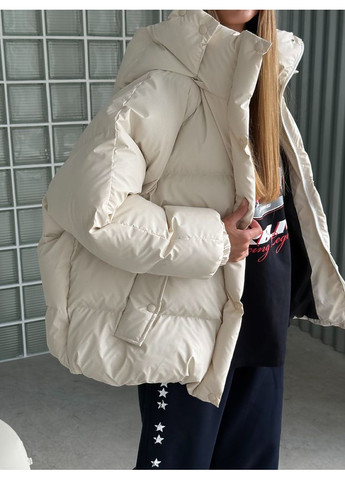Молочная зимняя женская куртка пуфер irish с карманами и съемным капюшоном (mil631) milirud