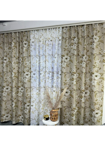 Элегантный комплект: шторы (имитация лен)+тюль(батист) кофейного цвета с цветочным рисунком. No Brand (370278925)