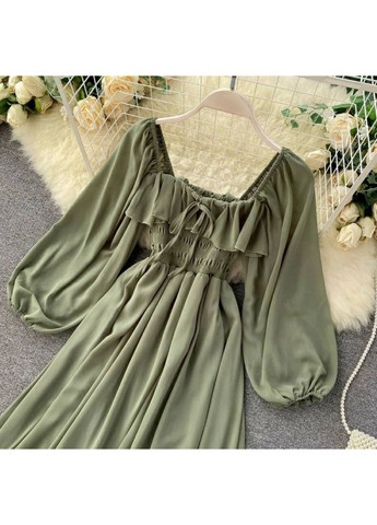 Оливкова вечірня жіноча сукня з пишними рукавами та романтичним вирізом з пишною спідницею Україна однотонна
