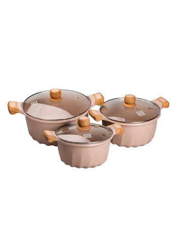 Набір із 3 алюмінієвих великих каструль 11.8, 8.2, 5.3 л зі скляними кришками, бежевий MGC (340907778)