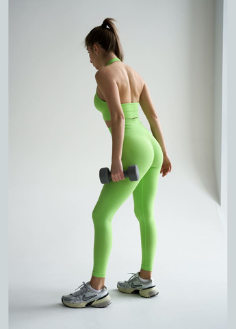 Спортивный женский костюм для йоги и фитнеса (топ с открытой спинкой + леггинсы пуш-ап) Бесшовный Однотонный Салатовый GK Двійка: топ + легінси (316472126)