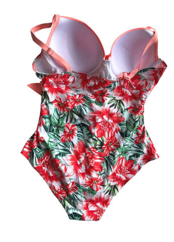 Помаранчевий літній купальник жіночий суцільний з квітами помаранчевий ліф із поясом великий розмір суцільний No Brand 7497