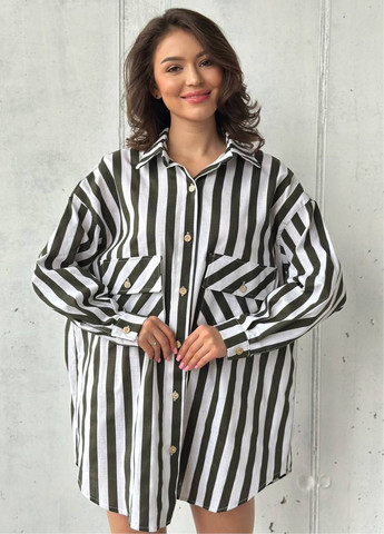 Оливковое (хаки) повседневный платье-рубашка оверсайз с длинным рукавом рубашка Tik-Tak в полоску