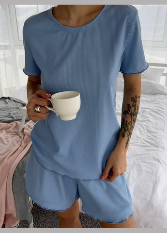 Голубая всесезон пижама женская комплект шорты футболка резинка для волос футболка + шорты JUGO m523