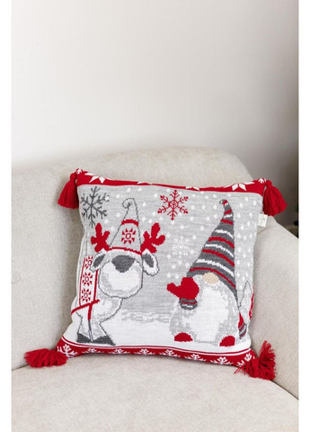 В'язана новорічна наволочка Веселі гноми 45х45см декоративна подушка для інтер'єру та подарунку ProDobro (369378121)