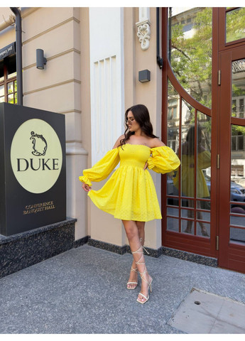 Жовтий кежуал жіноча літня сукня з ніжної бавовняної тканини кльош Україна з квітковим принтом