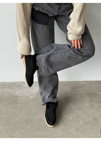 женские зимние лоферы из натуральной замши с мехом, черные, на низком ходу No Brand