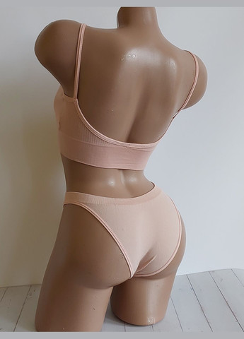 Светло-розовый демисезонный комплект белья женский в рубчик топ бюстгальтер трусы honey fashion accessories s/м бежевый (2-185) No Brand