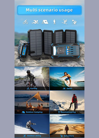 Портативний сонячний павербанк 20000 мАг з бездротовою зарядкою, ліхтарем і пилоударозахистом для екстремальних умов No Brand (313110789)