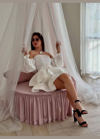 Білий святковий жіноча міні-сукня з відкритими плечима, об'ємними рукавами та пишною спідницею з відкритими плечима MonCher