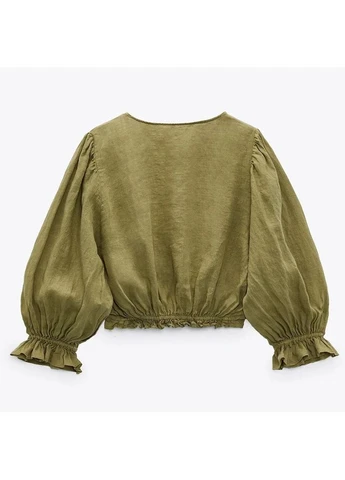 Зелёная укороченная льняная рубашка s Zara