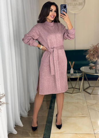 Пудровое повседневный миди платье с разрезами и поясом Україна меланжевое