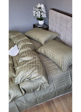 Постільна білизна Мульти страйп сатин олива, PREMIUM Полуторний розмір, наволочки 50/70 No Brand (364216680)