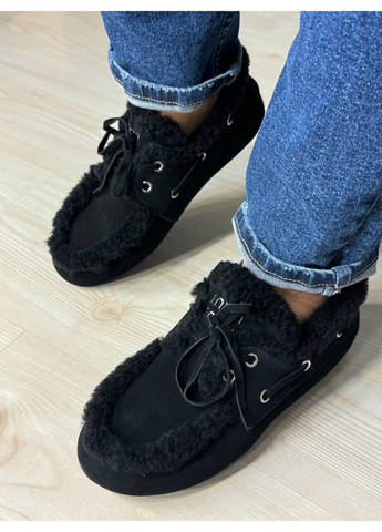 Зимние ботинки женские 992-1 замшевые мокасины на меху с опушкой черные Hengji из натуральной замши